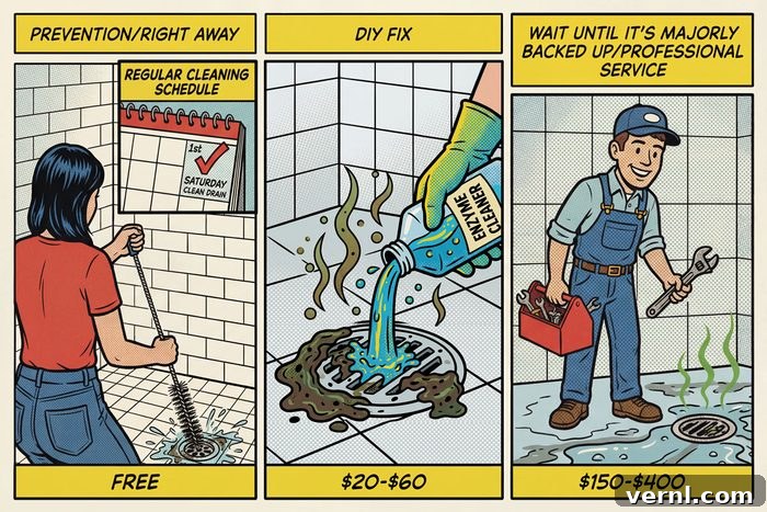 Your Shower Stink The Surprising Truth Revealed 3 Domestic Disasters 2: Shower Drain Odor. Cost Timeline showing three comic book panels for prevention, diy, and professional service