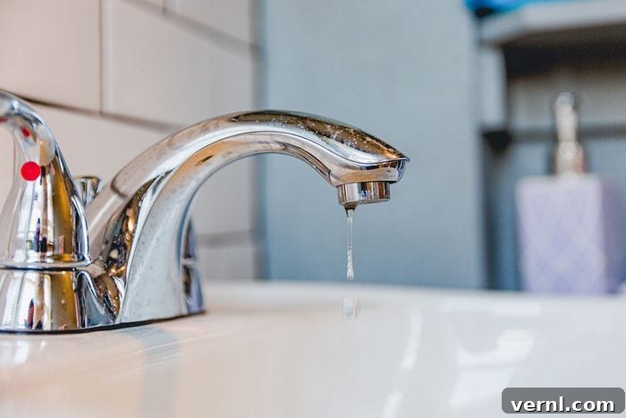 Outsmarting Drought: Practical Water Saving for Your Home 2 A leaking sink faucet, in a bathroom of a residential home, with water dripping steadily into the basin.