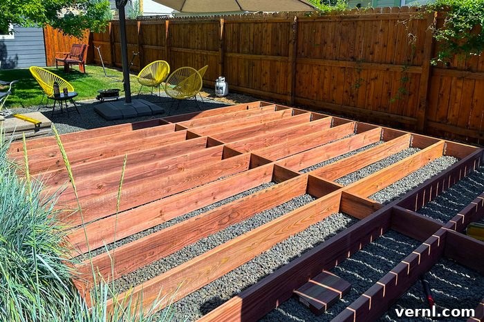 Father and Son Build a Stunning Deck in Just One Week 2 Partially built wooden deck frame on gravel in a backyard, with patio chairs and a wood fence in the background.