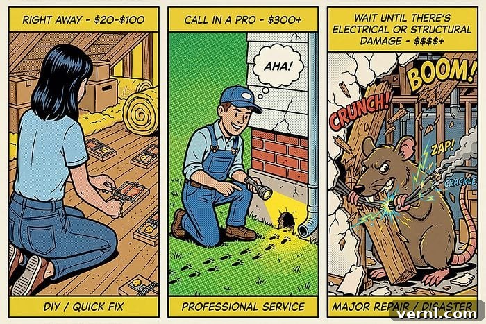 Massive Rat in My Attic: How I Removed It and Sealed the Nest 3 Domestic Disasters 3 Rat In The Attic Cost Differential showing three panels for DIY, Pro services, and disaster levels