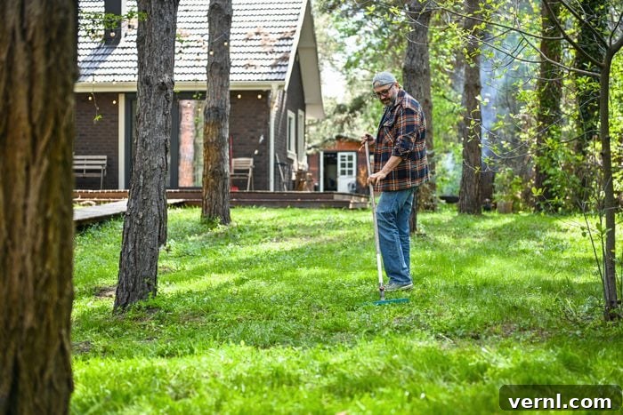 A mature adult man cleans the area around his country house.