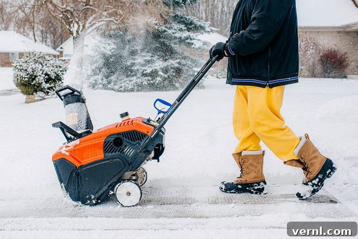 A person wearing yellow pants and brown boots uses an orange snow blower to clear snow from a sidewalk in a snowy residential area.