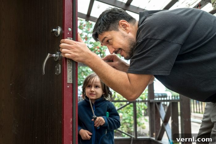 Man repairing door with son in background