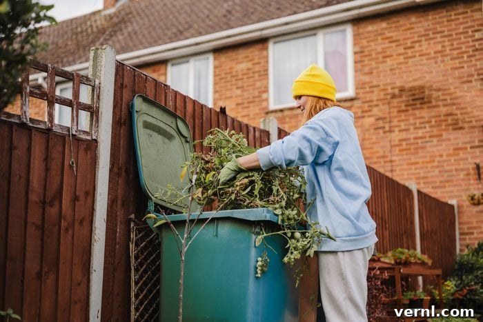 Person disposing garden waste in recycling bin during autumn cleanup