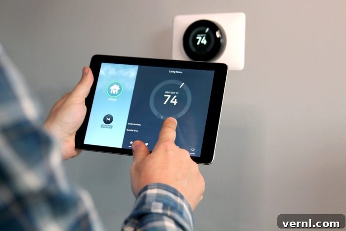 A person uses a tablet to adjust a smart thermostat, displaying the temperature setting of 74°F on a wall in a home environment.