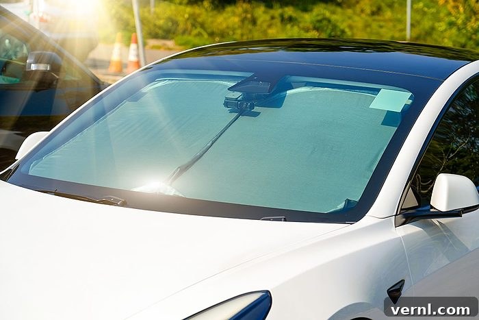 Protective reflective matte surface under the windshield of the passenger car parked on a hot day