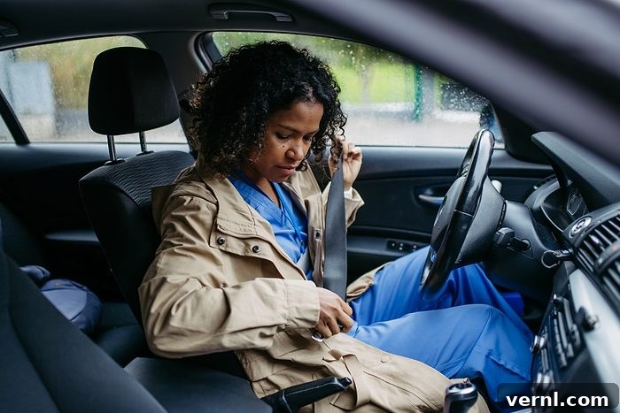 Female nurse going home from work, getting into car. Female doctor driving car to work, on-call duty. Work-life balance of healthcare worker as parent and partner.