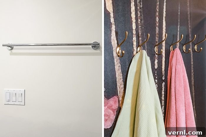 bathroom towel bar and wall hooks before and after image