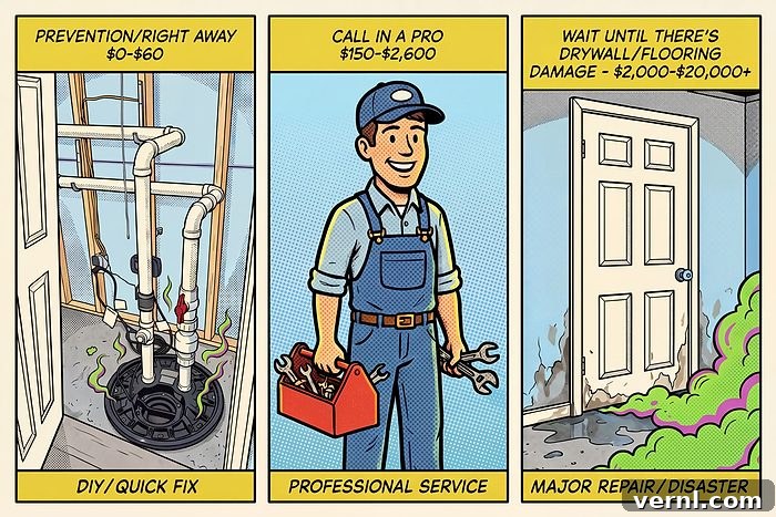 New Basement Smelled Like Sewage — Here's What Caused It 3 Domestic Disasters #4 Cost Differential graphic showing three comic book panels for DIY/Quick Fix, Call a Professional, and Waiting until disaster