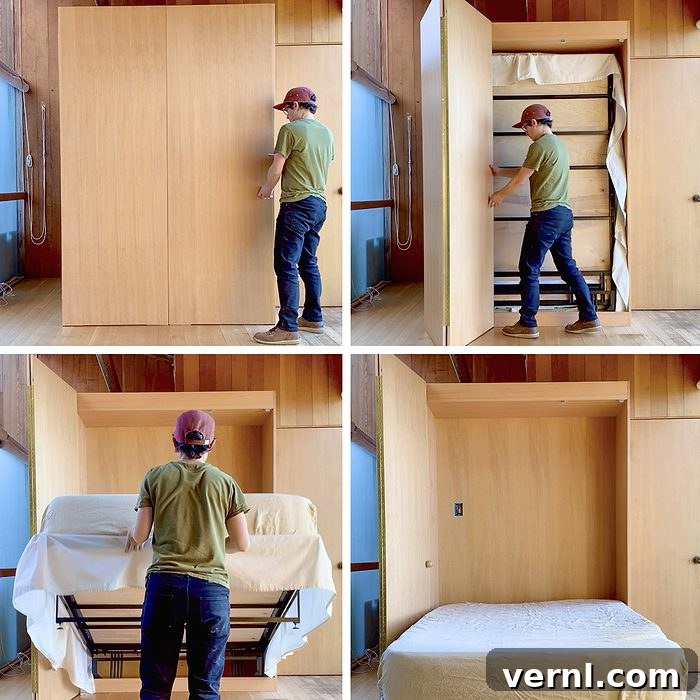 Lee Buchanan Murphy Bed Build: Big Ideas for Small Spaces 2 grid of four images showing a woodworker working on a Murphy made makeover