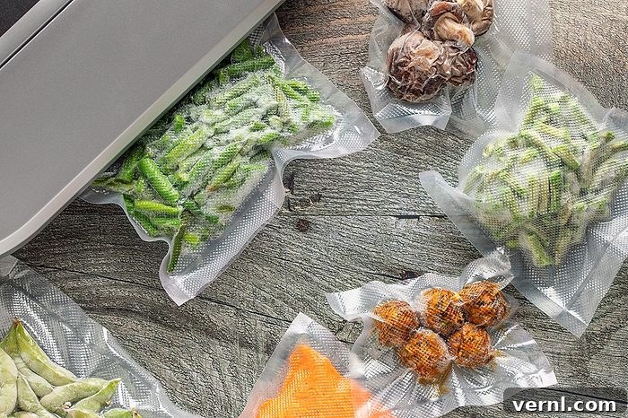 Vacuum packing sealer, different food in vacuum packings. Top view - stock photo 