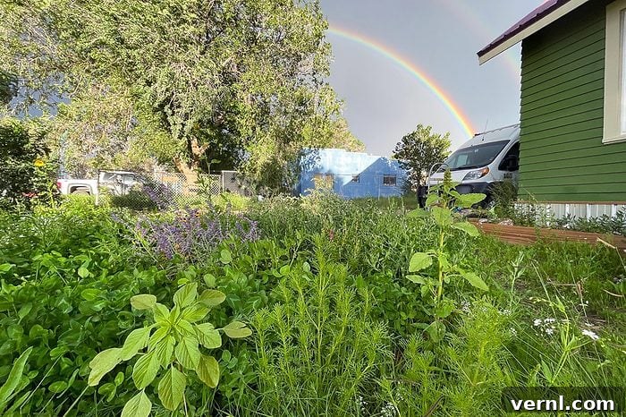 What Happened When I Replaced My Lawn With a Wildflower Meadow 10 close up of a wildflower meadow in the yard with a rainbow in the background