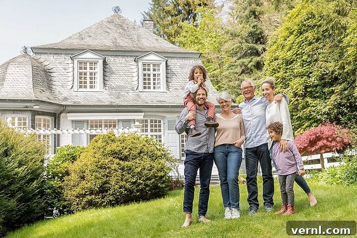 Happy extended family standing in garden of their home