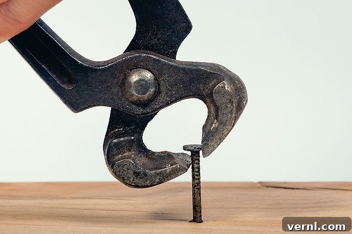 A man with pliers takes out a nailed nail into a board