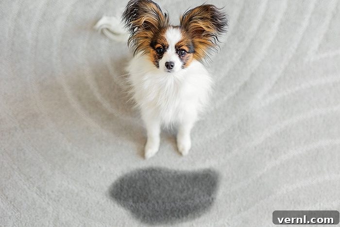 Cute papillon dog puppy near wet spot on carpet