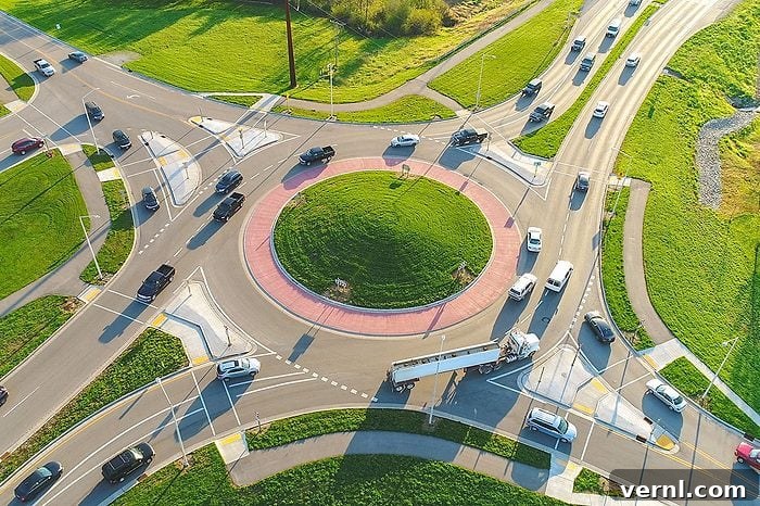 How to Navigate Roundabouts: Rules and Common Mistakes 2 Busy city roundabout intersection at sunrise rush hour.
