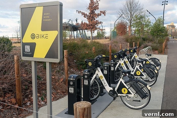 A public e‑bike share station lines a paved path at Tom Lee Park 