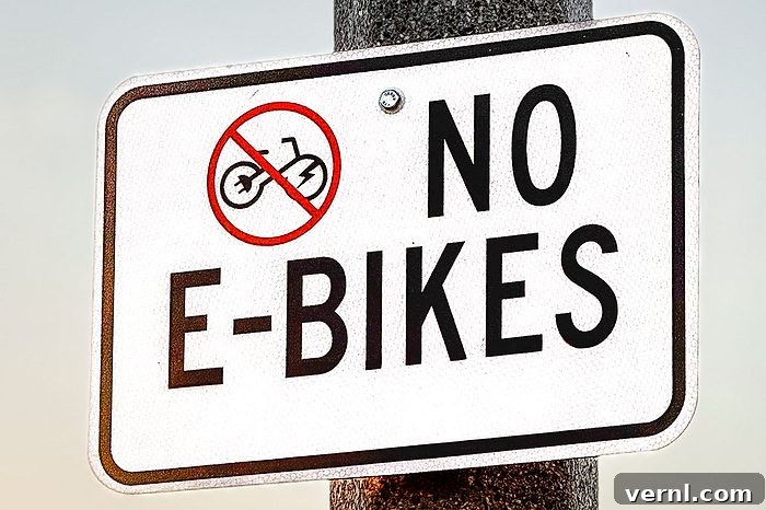 Use Not Permitted sign. Restricted No Electric Bikes zone sign with blue sky background.