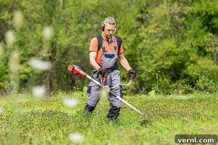 Young adult man in protective clothes mowing green grass with electrical lawn trimmer at garden.
