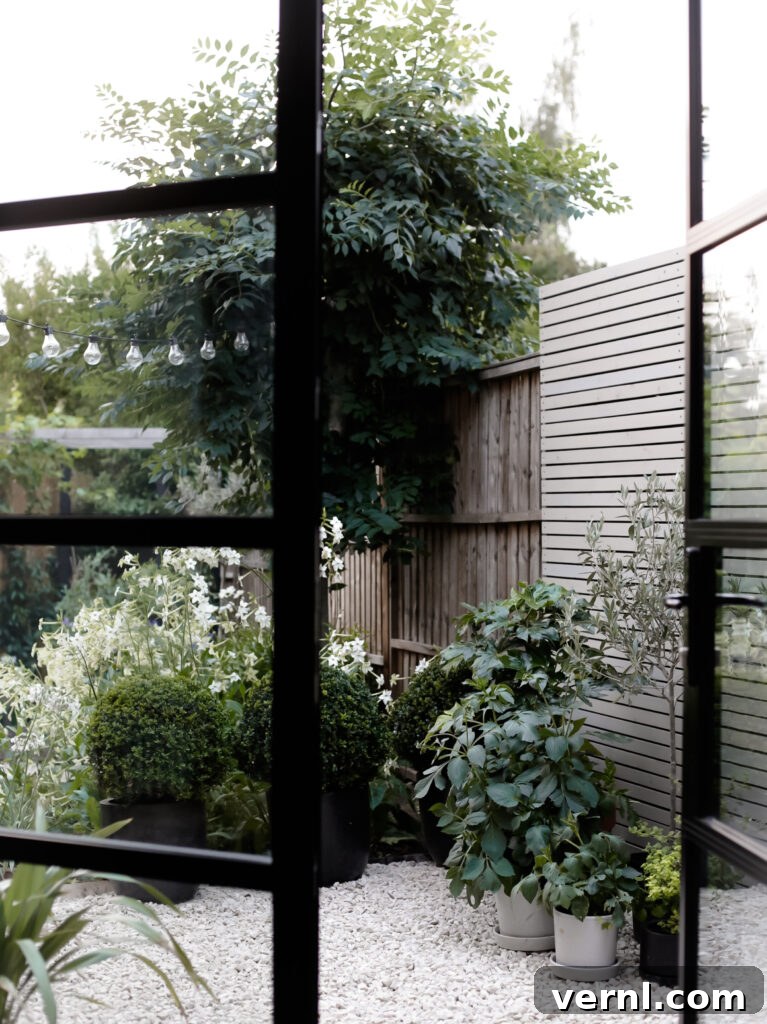 Crittall style doors opening onto a garden with white flowers and Cotswold stone gravel.
