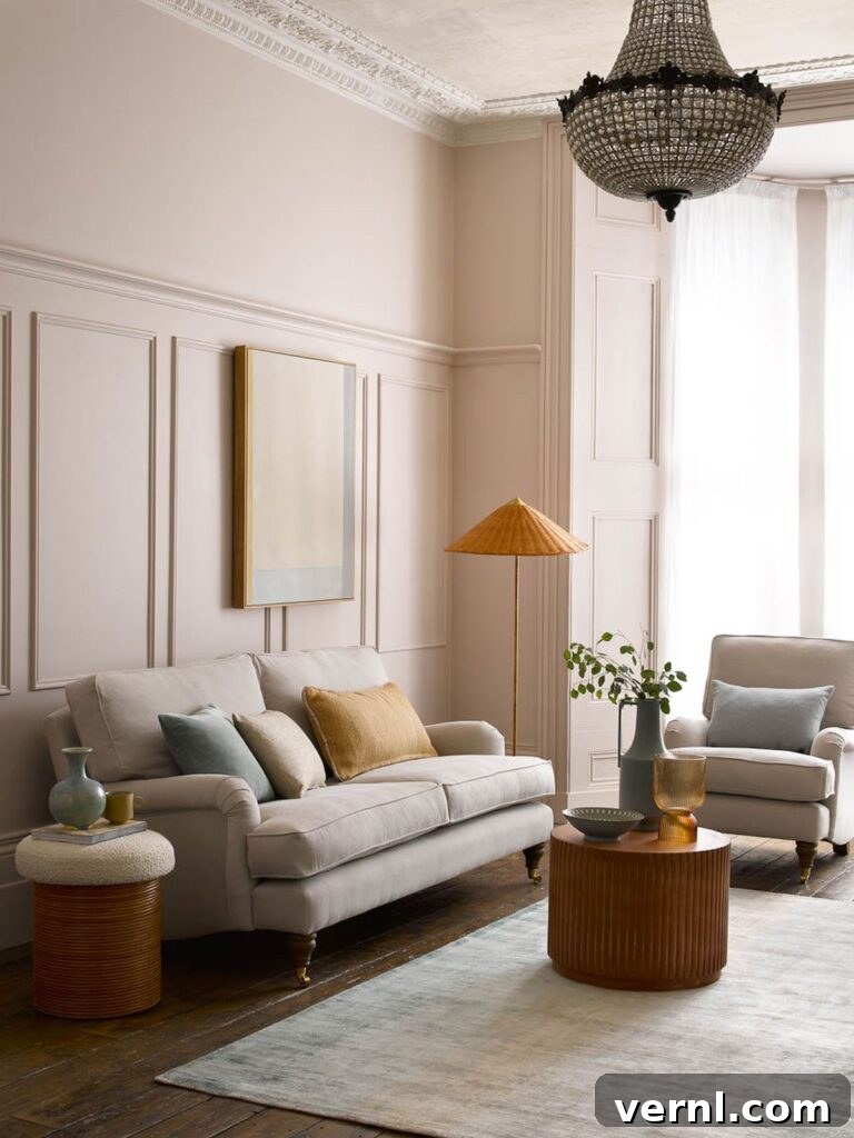 A beige sofa against pale pink walls in an elegant living room. The room is brightened by natural light from a large window, and an elegant floor lamp adds a touch of sophistication.