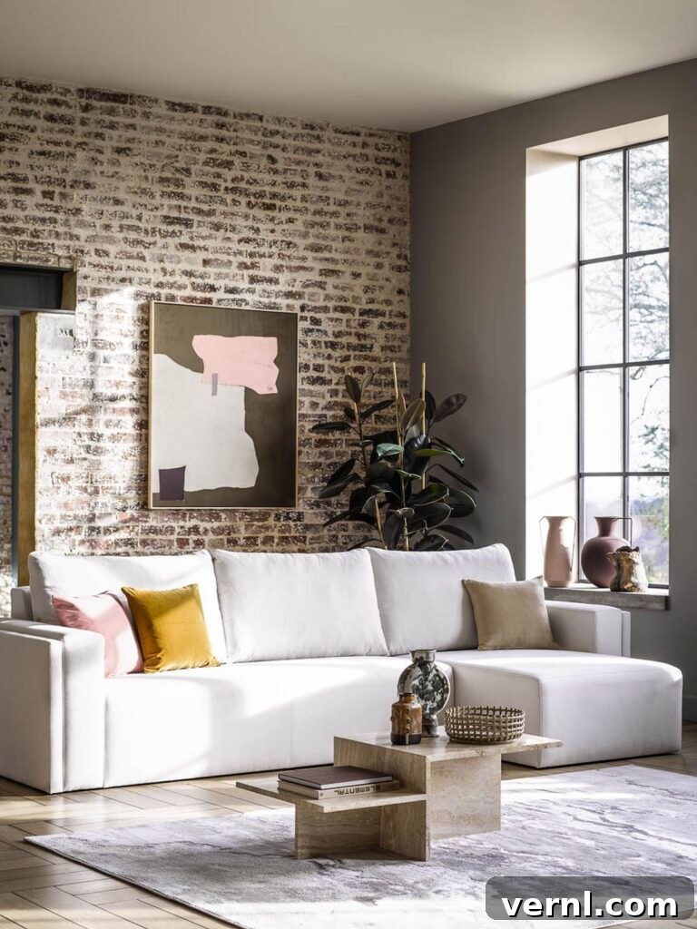 Stylish beige corner sofa in a bright living space with exposed brick wall and contemporary decor elements.