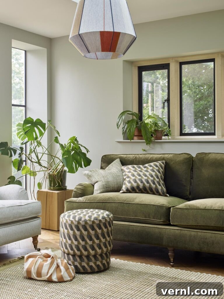 Living room with a moss green velvet sofa, geometric-patterned ottoman, and indoor plants for a cozy aesthetic.