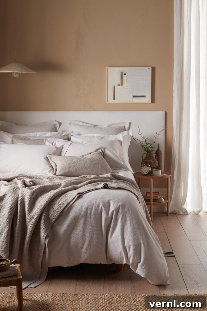 A cosy bedroom in a warm bedroom aesthetic with seersucker bed linen.