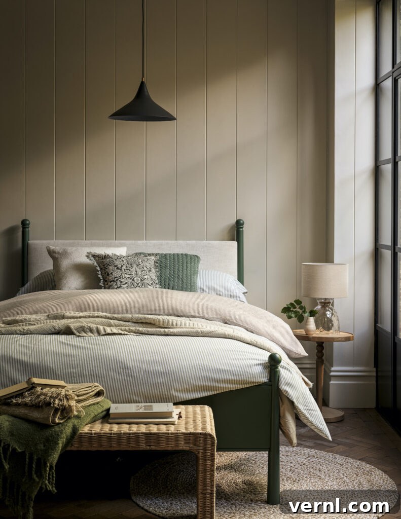 A cosy bedroom featuring a warm bedroom aesthetic with wood panelling on the walls and forest green accessories on the bed.