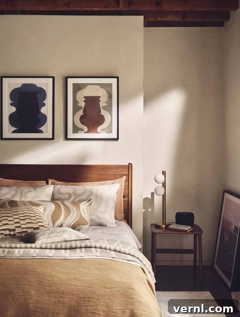 A cosy bedroom with a warm bedroom aesthetic