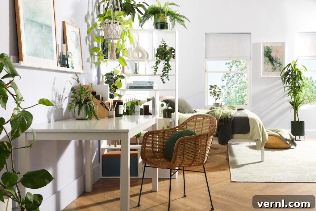 8 Interior Design Trends and Terms to Know in 2025 2 A light and airy home office and bedroom in a biophilic design with lots of houseplants.