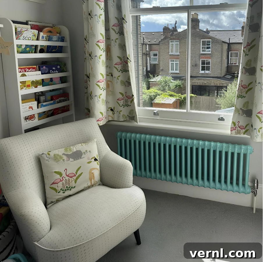 Unique Radiator Designs to Transform Your Home Renovation 3 A turquoise blue column radiator in a child's bedroom.