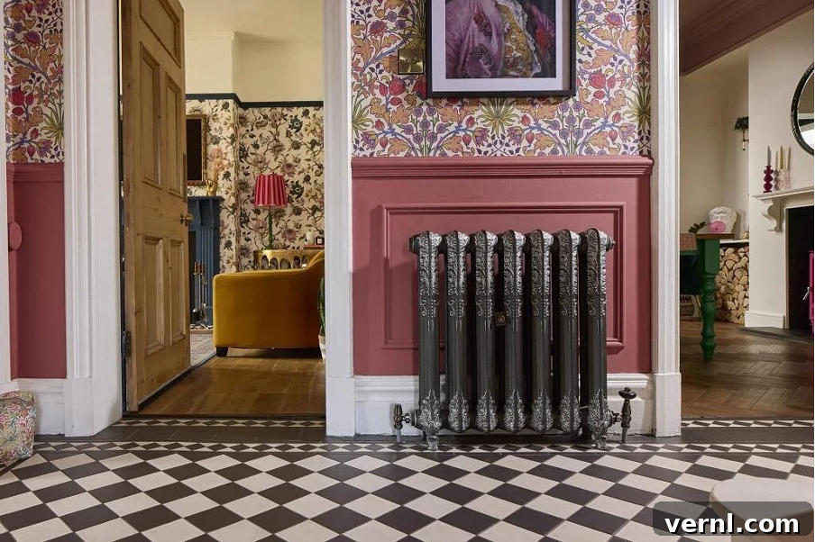 Unique Radiator Designs to Transform Your Home Renovation 5 A vintage cast iron style radiator in a tiled hallway in a period home.