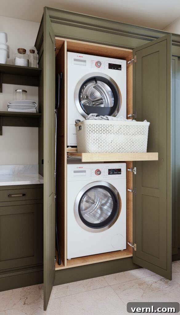 Why Homeowners Move Laundry Rooms Upstairs — And You Should Too 2 Compact upstairs laundry room featuring a stacked washer and dryer concealed within an olive green cabinet, with a pull-out shelf for a laundry basket and built-in shelving for storage.