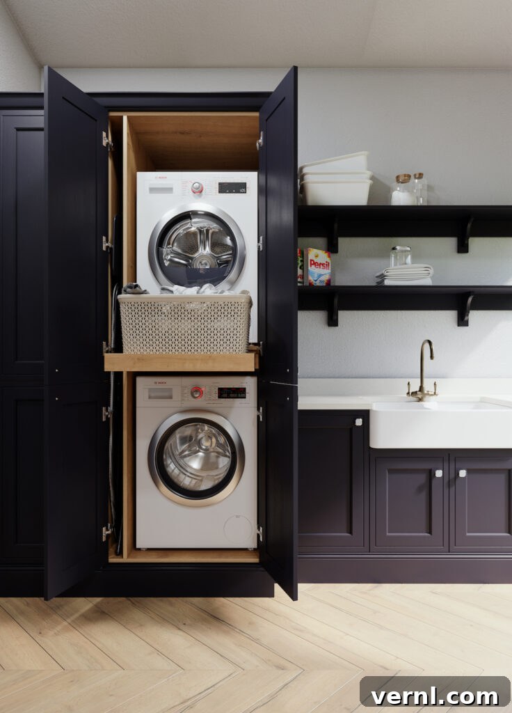 Why Homeowners Move Laundry Rooms Upstairs — And You Should Too 7 Modern laundry room upstairs featuring a stacked washer and dryer hidden in a sleek navy cabinet, with a pull-out shelf for a laundry basket and open shelving for storage alongside a farmhouse sink.