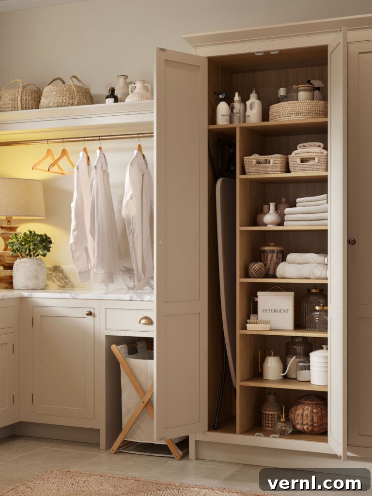 Why Homeowners Move Laundry Rooms Upstairs — And You Should Too 8 Charming laundry room design featuring cream cabinetry, a marble countertop, open shelving with neatly organised baskets and a built-in hanging rail for clothes.