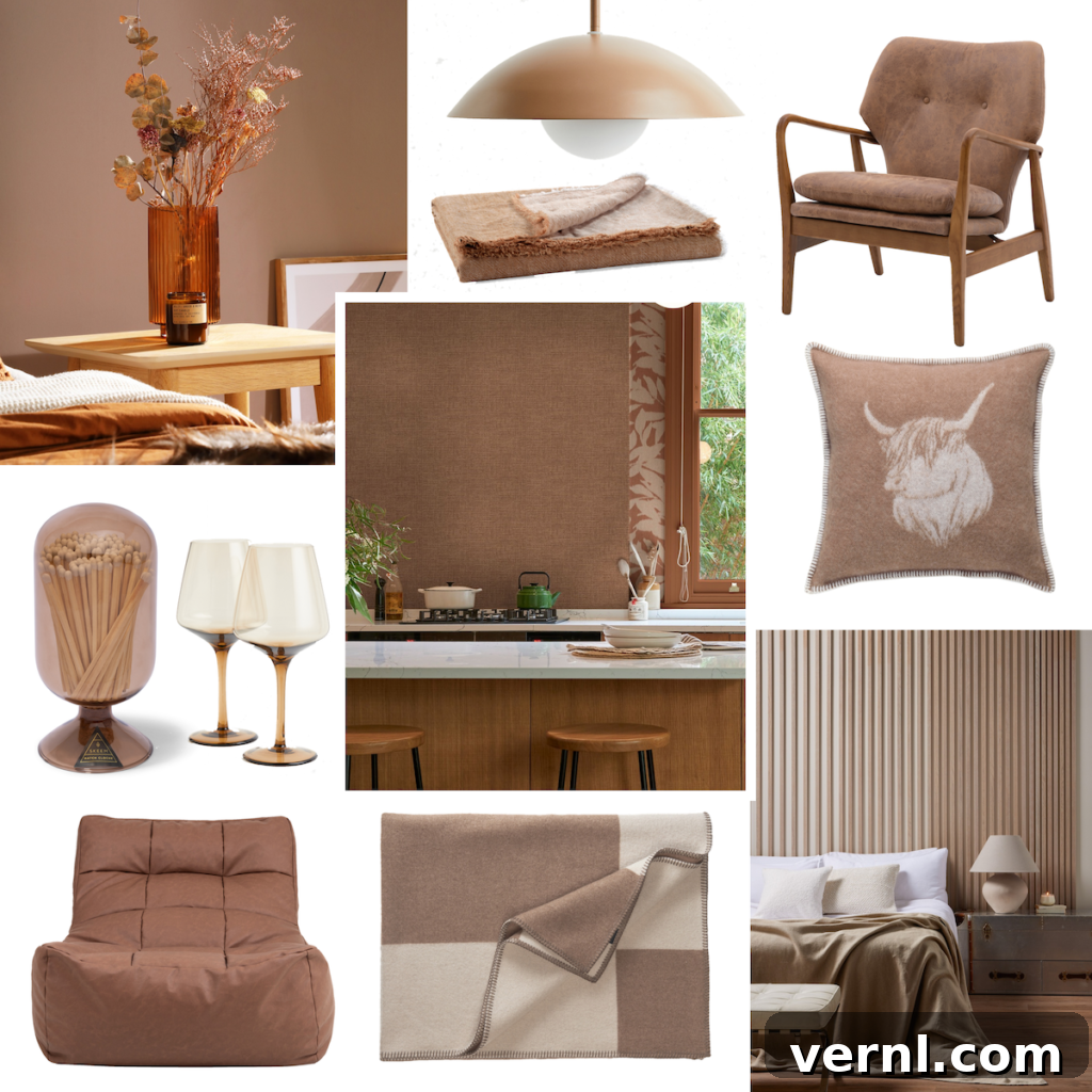 A collage of of interiors images showcasing the Pantone 2025 Colour of the Year - Mocha Mousse.