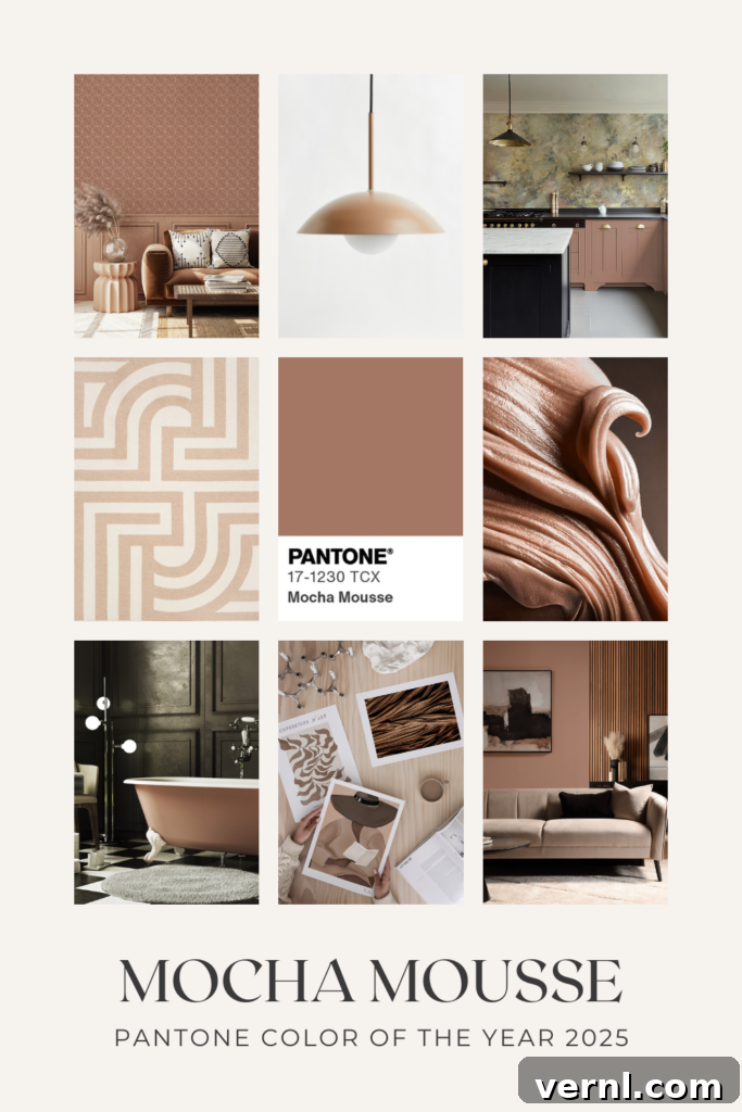 A moodboard showing products in Mocha Mousse Pantone Color of the Year 2025.