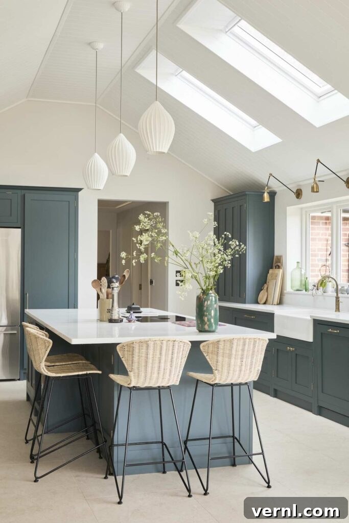 A modern kitchen featuring a large island with a white quartz countertop, complemented by wicker barstools. Above the island, three elegant white pendant lights hang from a vaulted ceiling with skylights, adding a touch of sophistication and natural light.