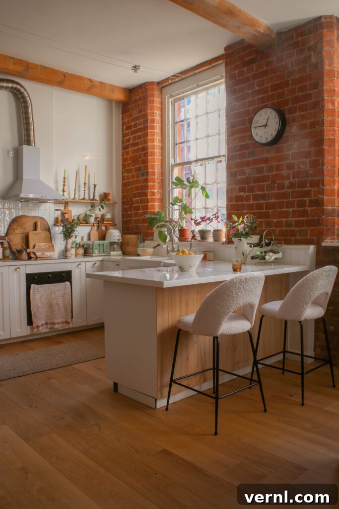 A kitchen with a peninsula island and ivory boucle stools.