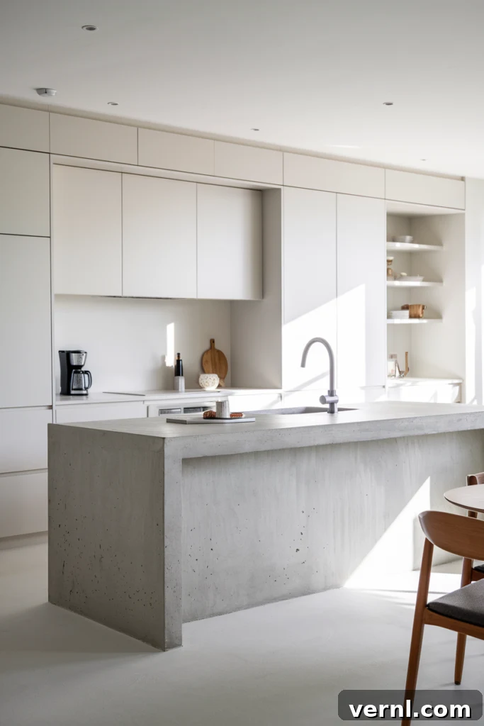 A minimalist kitchen with a concrete island featuring a built-in sink, seamless white cabinetry, and a neutral palette, complemented by natural light and Scandinavian-style furnishings.