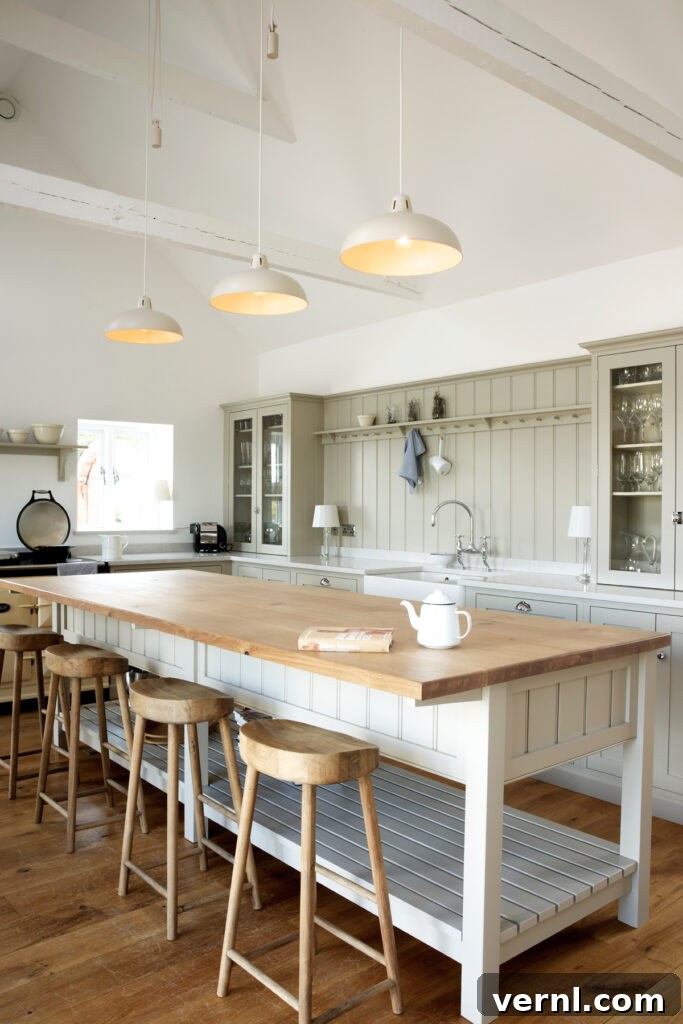 Light-filled kitchen with a freestanding kitchen island featuring a natural wood countertop and rustic wooden stools, creating a warm and inviting space.