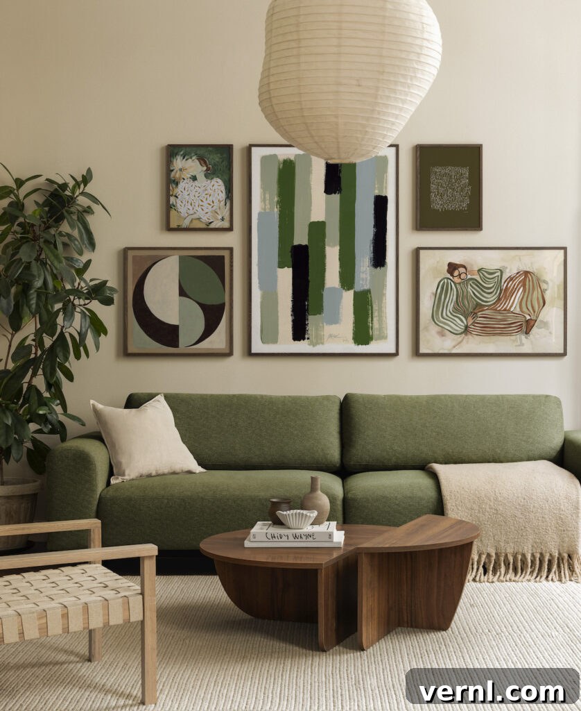 Why Odd Numbers Improve Design: Styling in 3s and 5s 4 A modern living room with a green sofa, abstract green-themed gallery wall, wooden furniture, and neutral decor elements.