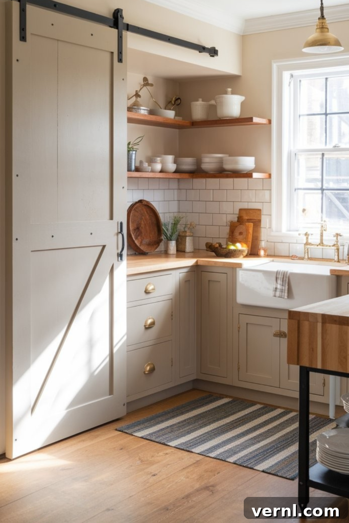 10 Clever Small Kitchen Ideas to Maximize Space and Function 11 Small kitchen with a sliding barn door, open wooden shelves, farmhouse sink, and brass hardware.