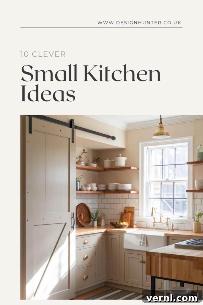10 Clever Small Kitchen Ideas to Maximize Space and Function 12 Small kitchen with a sliding barn door, open wooden shelves, farmhouse sink, and brass hardware.