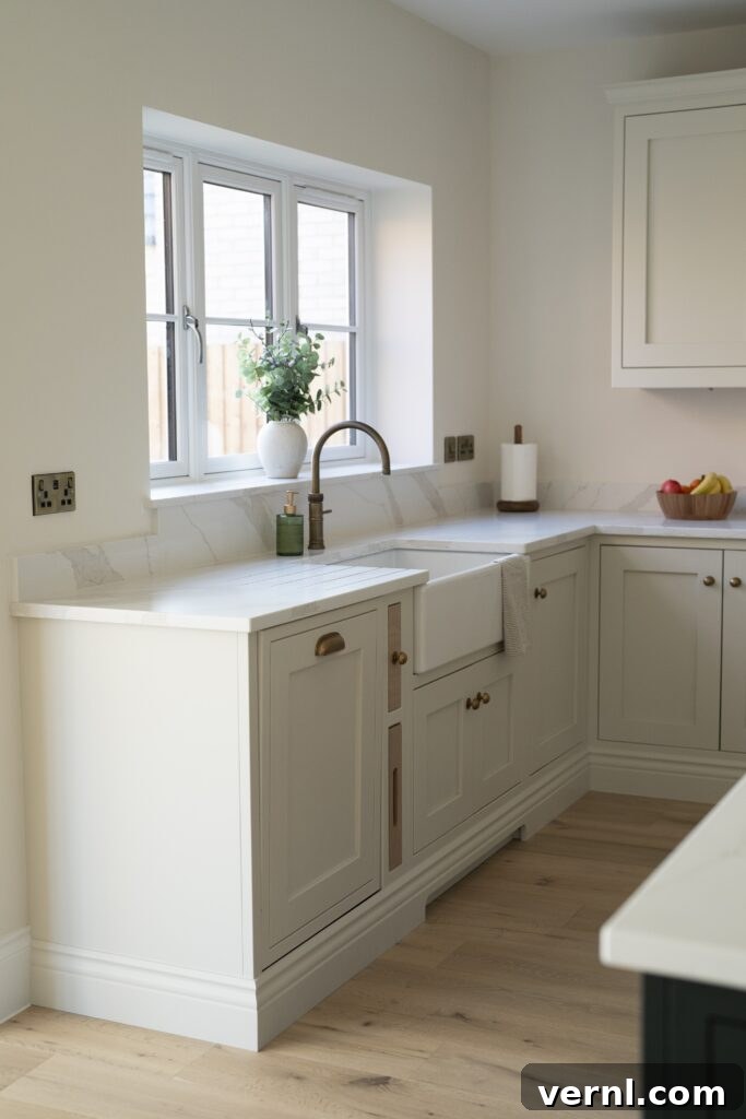 10 Clever Small Kitchen Ideas to Maximize Space and Function 10 A bright small kitchen featuring cream cabinetry, a farmhouse sink, and natural light streaming through a large window, offering elegant small kitchen ideas.
