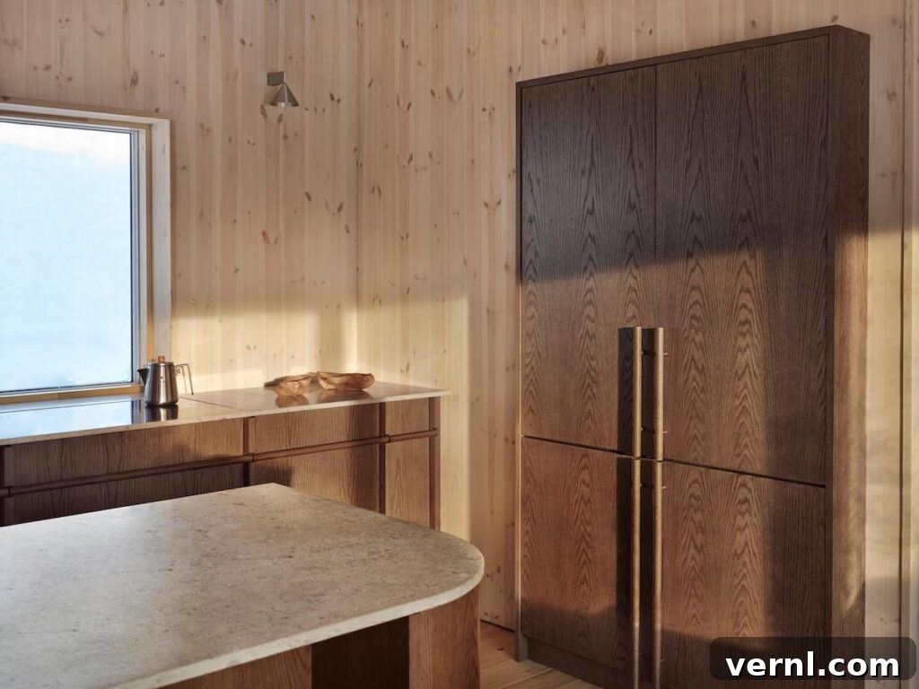 Modern Mountain Cabin: A Stunning Design Retreat 3 Modern kitchen with rich wood kitchen cabinets, light wooden walls, and a sunlit countertop.