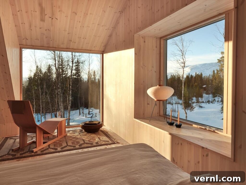 Modern Mountain Cabin: A Stunning Design Retreat 6 Serene mountain cabin home interior with large windows showcasing snowy forest views and warm wooden panelling.