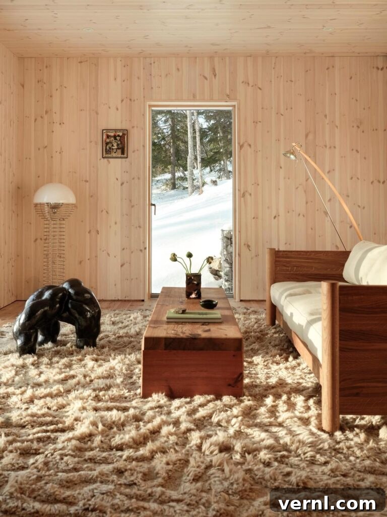 Modern Mountain Cabin: A Stunning Design Retreat 7 Warm living space in a mountain cabin retreat with wooden furniture, a shaggy rug, and a snowy view through the door.