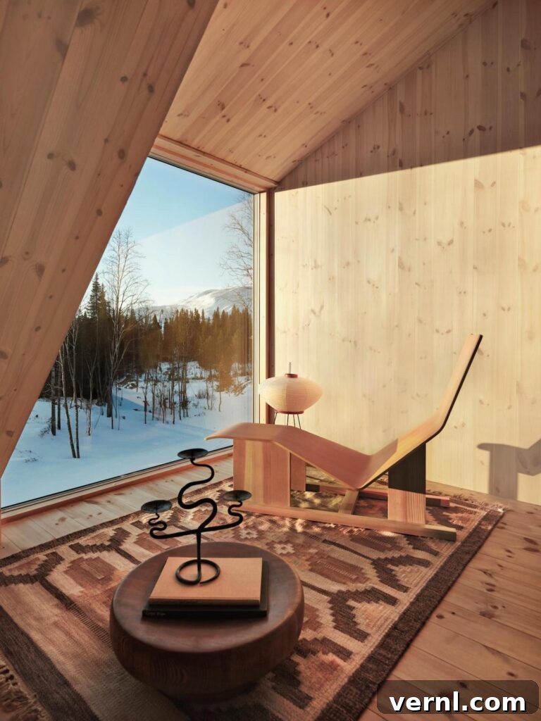 Modern Mountain Cabin: A Stunning Design Retreat 8 Cozy interior of a mountain cabin retreat featuring a wooden lounge chair, large window with snowy views, and warm decor.